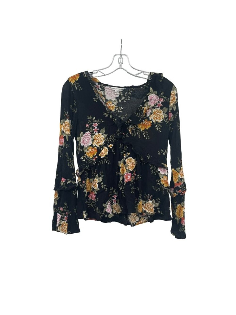 American Eagle Womens Floral Pullover Top Long Sleeve Ruffle Black/Multi Size S